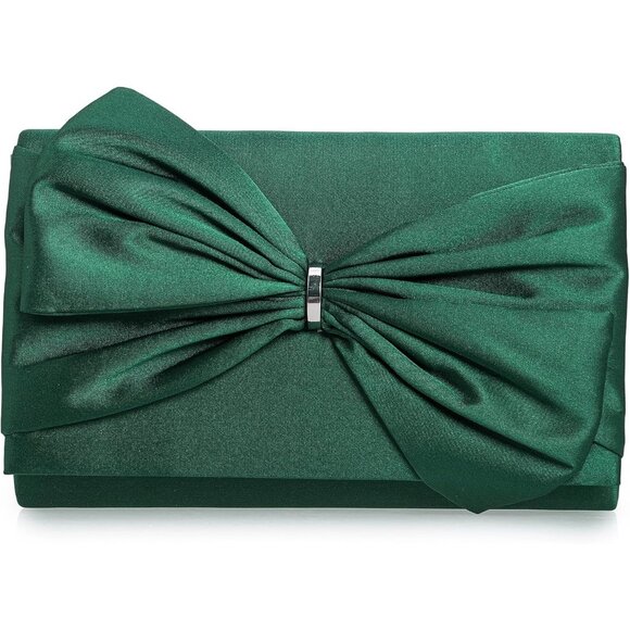⚡ Women's Elegant Evening Green Satin Bow Shoulder Chain Strap Clutch Handbag - Picture 2 of 6